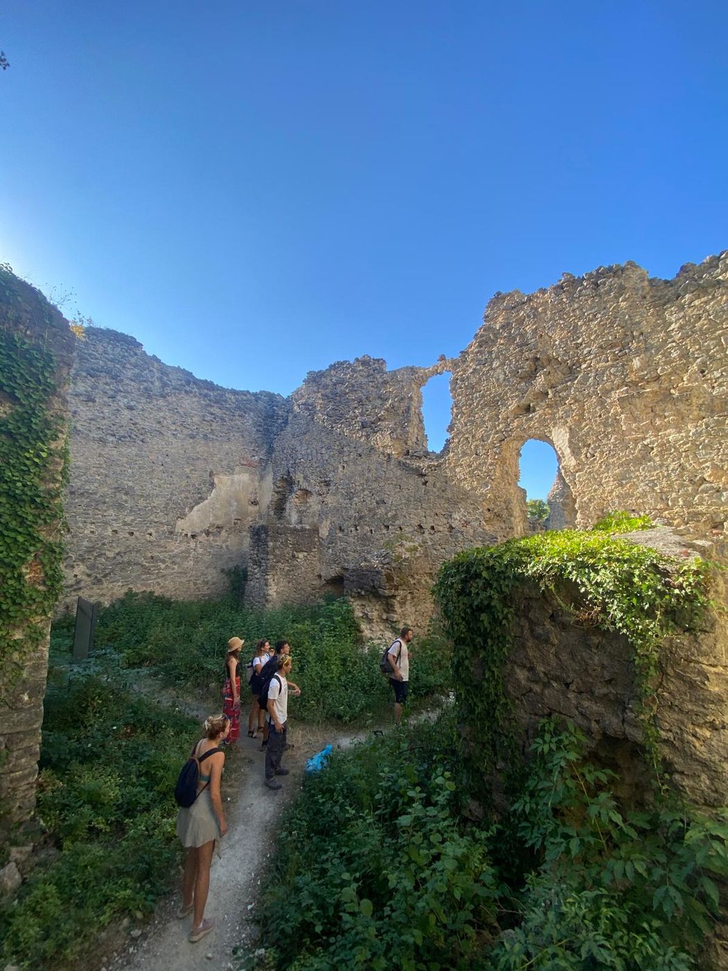 Participants exploring old castle ruins surrounded by greenery