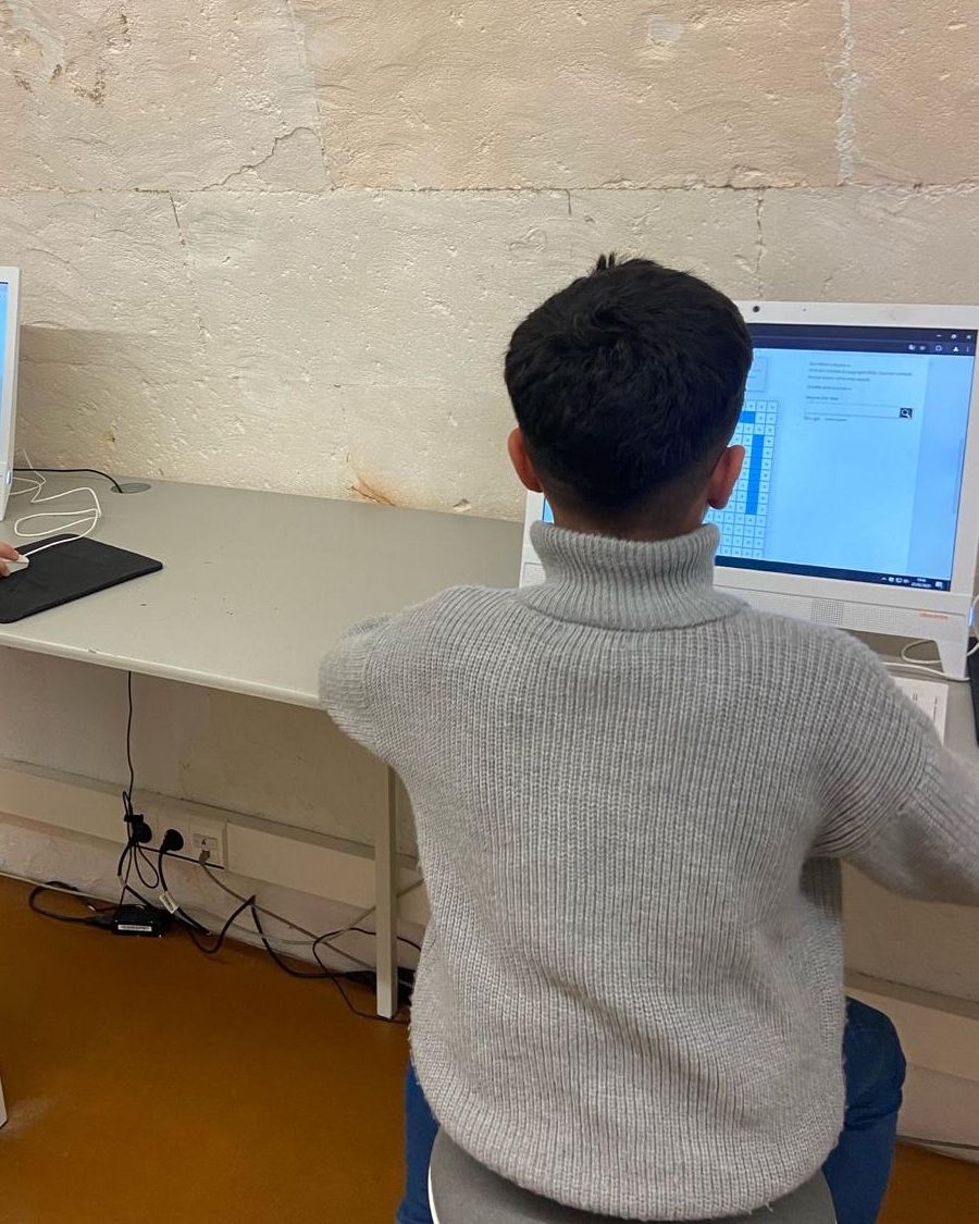 A child, seen from behind, working on a computer in a room with old stone walls